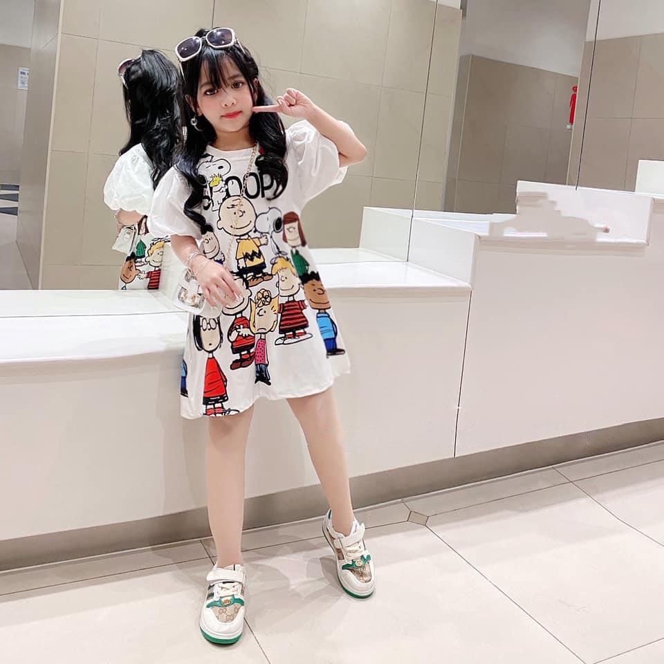 Đầm suông bé gái hoạt hình Snoopy - Váy babydoll tay bồng chất thun cotton size đại cho bé từ 20 - 35 kg, SUN KID'S