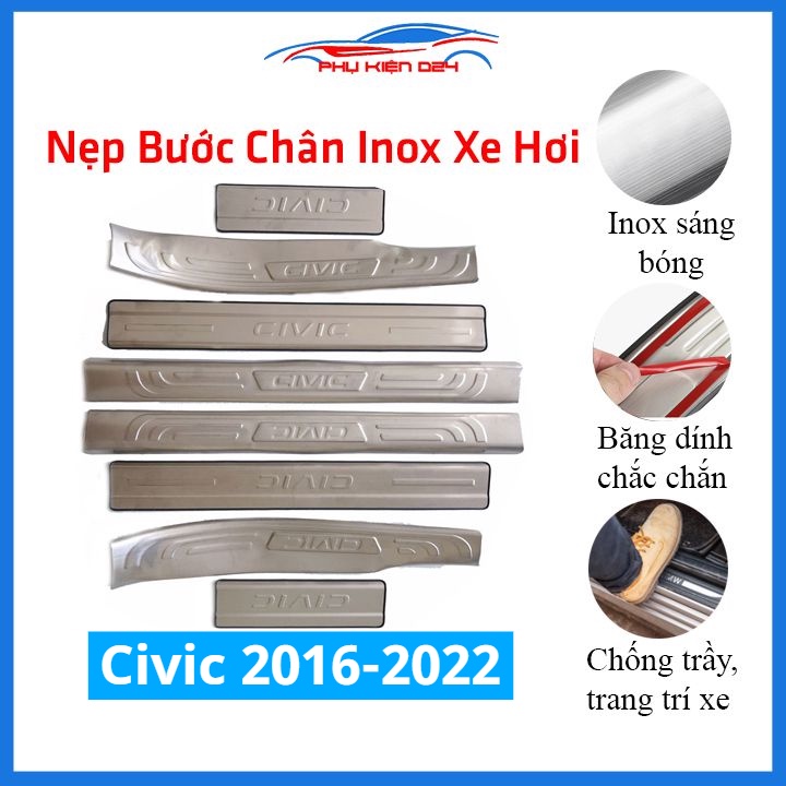 Bộ ốp bậc cửa trong ngoài nẹp bước chân Civic 2016-2017-2018-2019-2020-2021-2022 Inox chống trầy trang trí xe