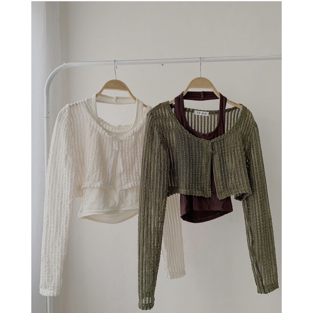 Sét áo croptop lưới và áo yếm L04, áo cardigan lưới kết hợp với áo yếm bên trong hottend.