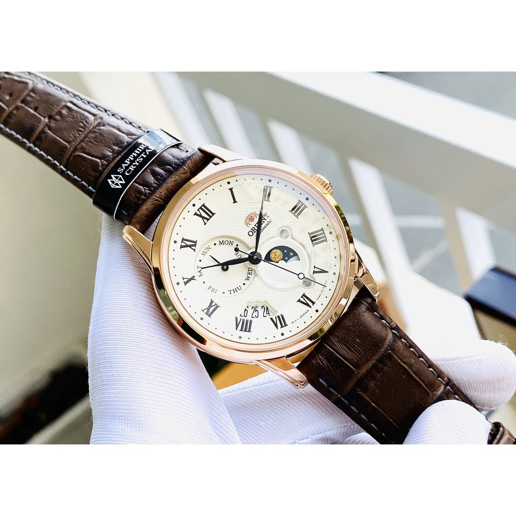 Đồng hồ Nam chính hãng Orient Sun Moon Gen 3 RA-AK0007S10B Size 42,Mặt trắng,Lịch -Máy cơ tự động-Dây da nâu cao cấp