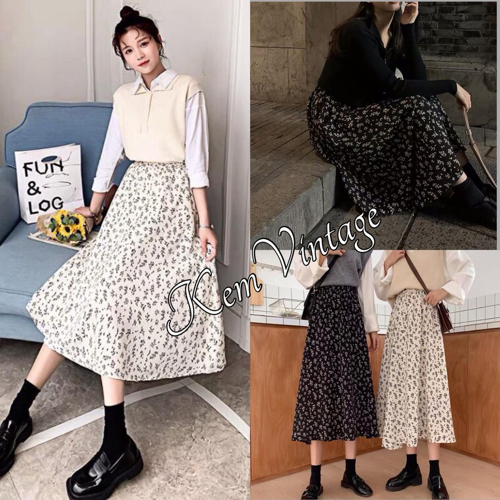 Chân Váy Nữ Ulzzang Hoa Dáng Dài , Váy Nữ Cạp Chun Dài 2 Màu Hàng QC Loại 1