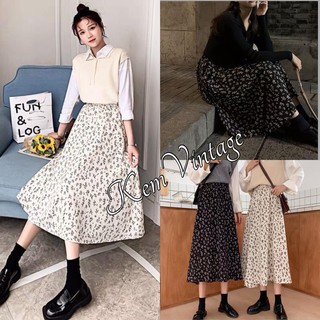 Chân váy nữ ulzzang hoa ,🌹kemvintage🌹 váy nữ cạp chun dáng dài, chân váy hoa nhí 2 màu đen trắng