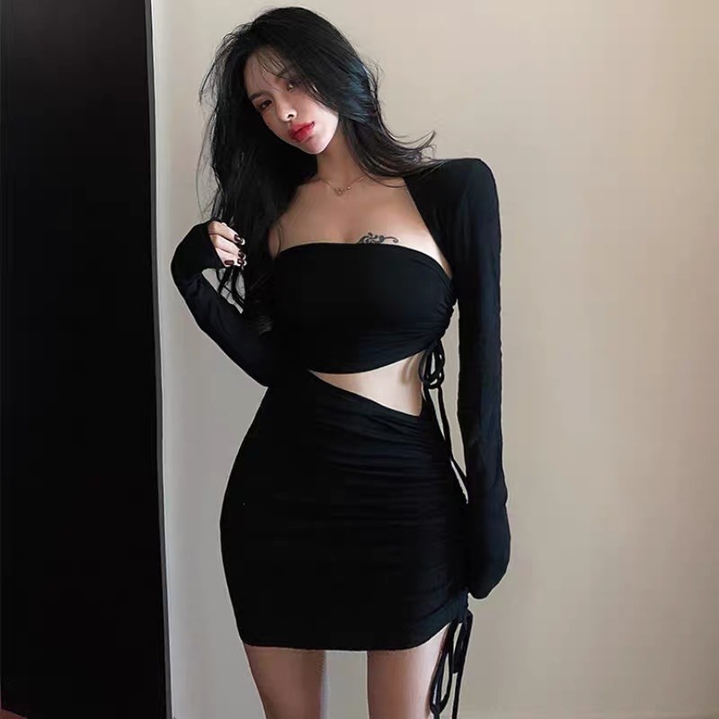 Set váy dây rút+áo khoác croptop Ulzzang