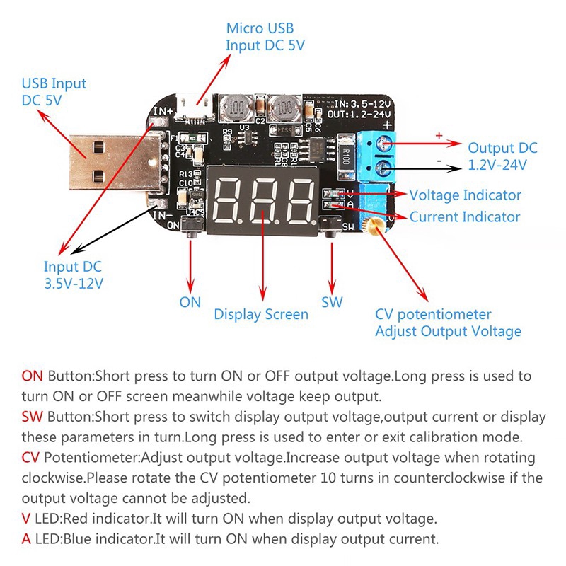 Có thể điều chỉnh DC-DC USB Step UP / Down Mô-đun cấp nguồn Boost Buck Converter Mô-đun chuyển đổi 5V sang 3.3V 9V 12V 18V 24V Bộ điều chỉnh điện áp