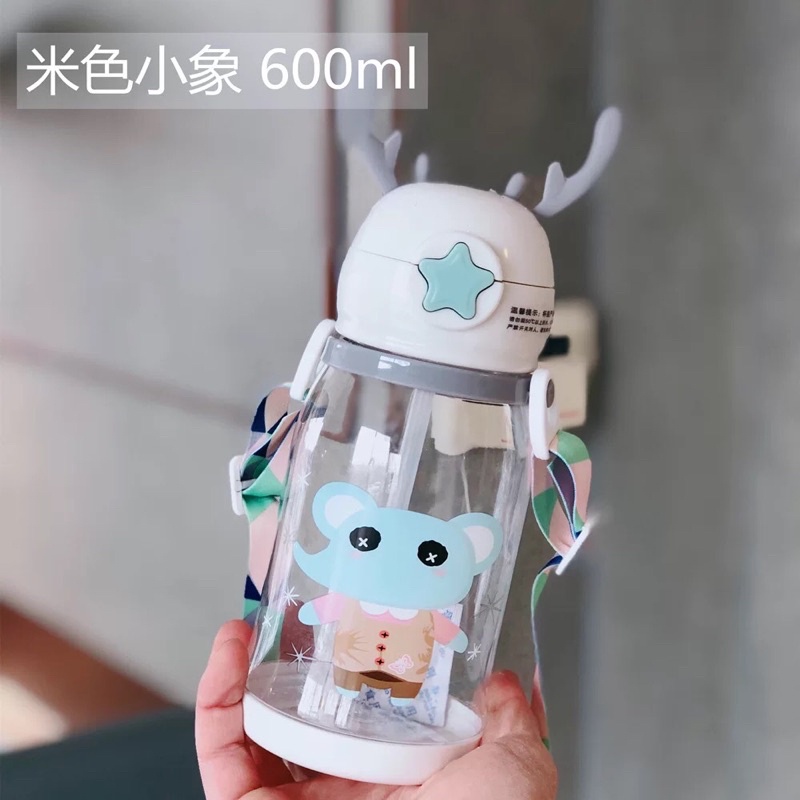 Bình nước nhựa 550ML đựng nước chống rò rỉ có quai đeo, hoạ tiết hoạt hình dễ thương cho bé