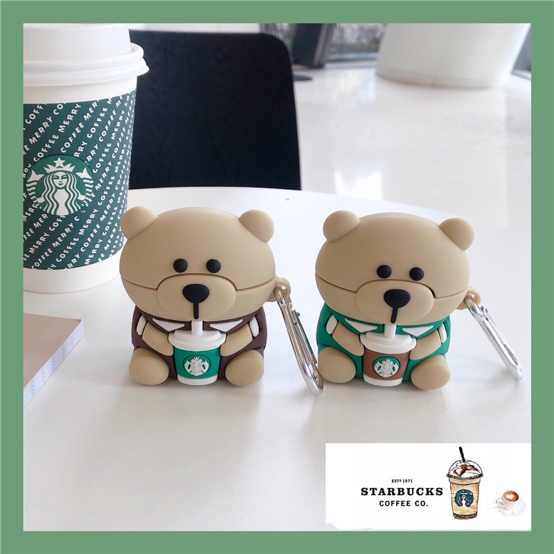 Ốp chống sốc tai Nghe không dây Airpods móc khóa logo gấu Starbucks