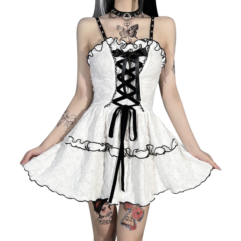 Brroa Đầm Hai Dây Dáng Chữ A Mini Phối Bèo Và Dây Cột Trước Phong Cách Gothic Harajuku Lolita Cho Nữ Cl