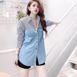 Siêu phẩm áo kiểu kẻ vải thô phối vải bò mềm cực xinh