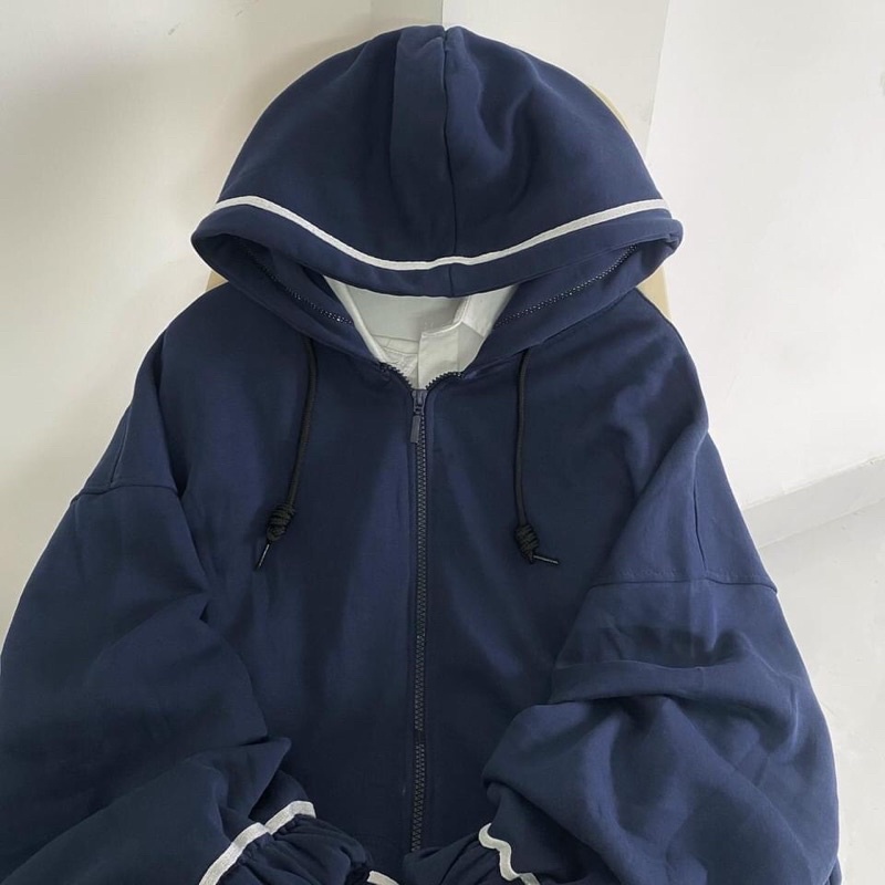 Áo Khoác Hoodie Nỉ Viền Trắng Form Rộng Tay Bồng Khóa Kéo Có Mũ Màu Đen | Xanh | Hồng Ulzzang Nam Nữ HOT | BigBuy360 - bigbuy360.vn