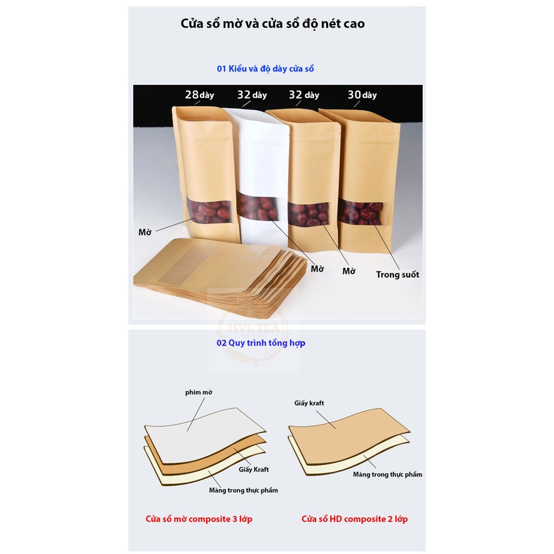 Túi zip kraft cửa sổ vuông đáy tròn, bao bì đựng thực phẩm - HVL TEA