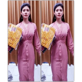 Đầm suông sơ mi cổ tim kẻ sọc (hottrend)