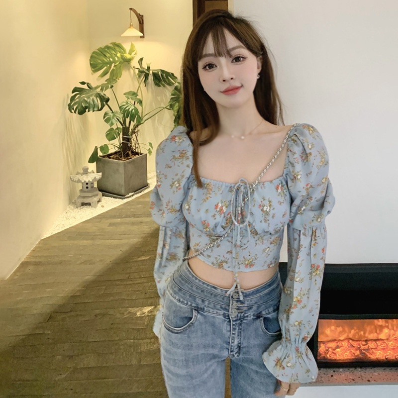Áo Croptop Cổ Vuông Cột Dây Họa Tiết Hoa Phong Cách Hàn Quốc Quyến Rũ Dành Cho Nữ