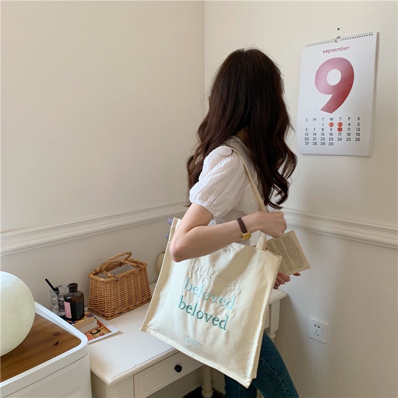 Túi Xách tote Vải canvas Thêu Chữ Phong Cách Hàn Quốc Mới 2022 og3u
