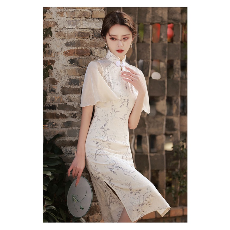 Sườn xám cách tân nữ hán phục đầm sườn xám truyền thống body tay bồng cổ đính ngọc dáng cổ điển mùa hè từ 45--70 kg