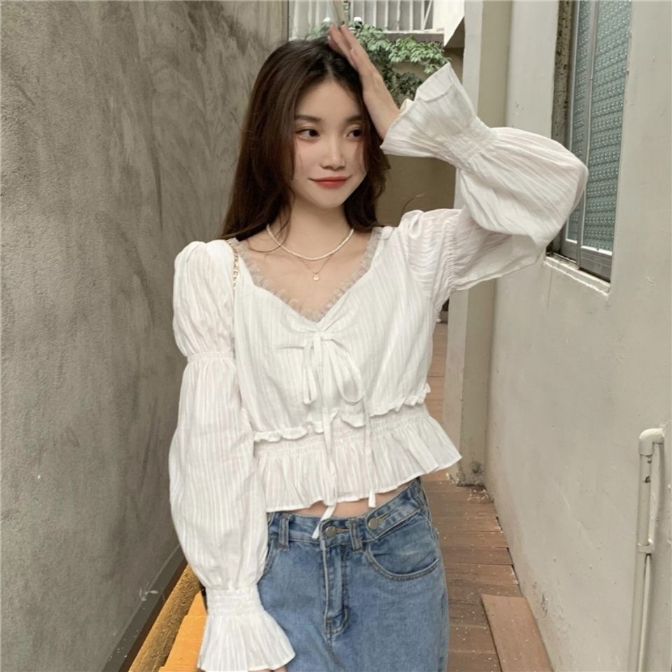 Áo Sơ Mi chiffon Xếp Ly Phối Ren Ngọt Ngào Thời Trang Hàn Quốc