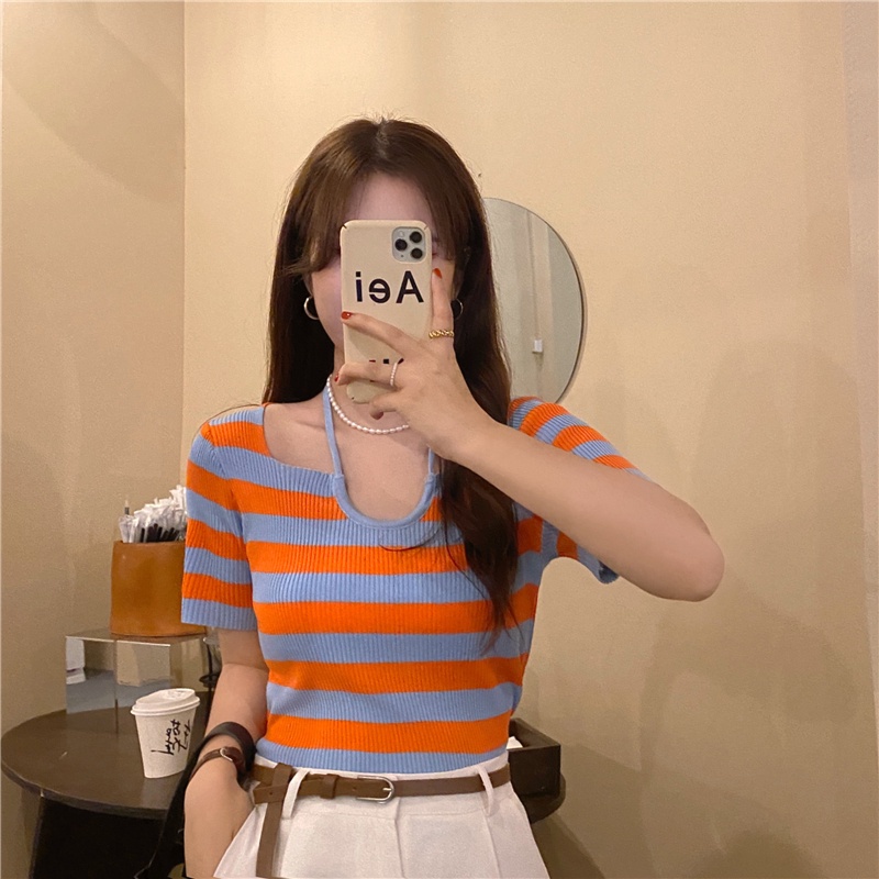 Áo Thun Dệt Kim Dáng Ngắn Phối Dây Buộc Cổ Dễ Phối Đồ