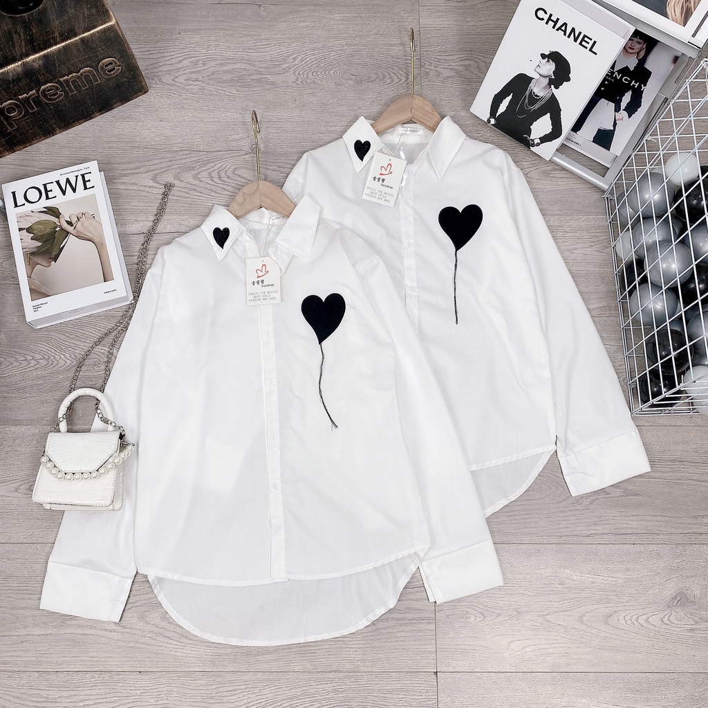 Áo Sơ Mi Trắng Thêu Hình Trái Tim Đen