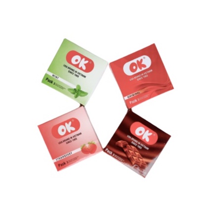 Bao cao su OK, bao cao su siêu mỏng mùi hương dâu tây, bạc hà, chocolate, không mùi, hộp 3 bcs