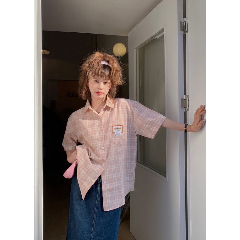 Áo sơ mi tay ngắn họa tiết kẻ sọc ca rô phong cách Hàn Quốc thời trang dành cho nữ