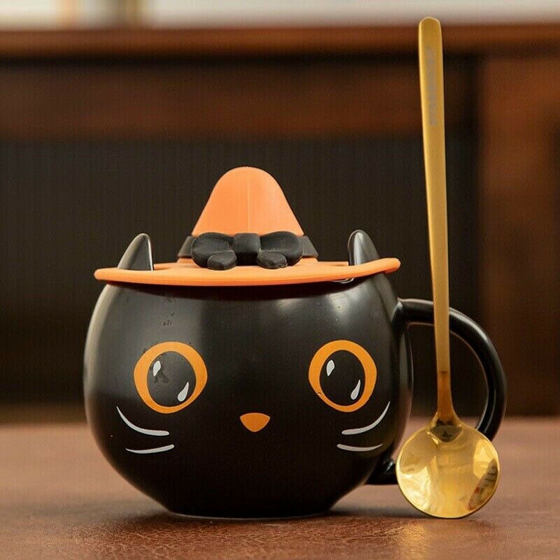 Cốc uống cafe Starbucks hình mèo phù thủy có nắp và muỗng làm quà tặng Halloween 2021