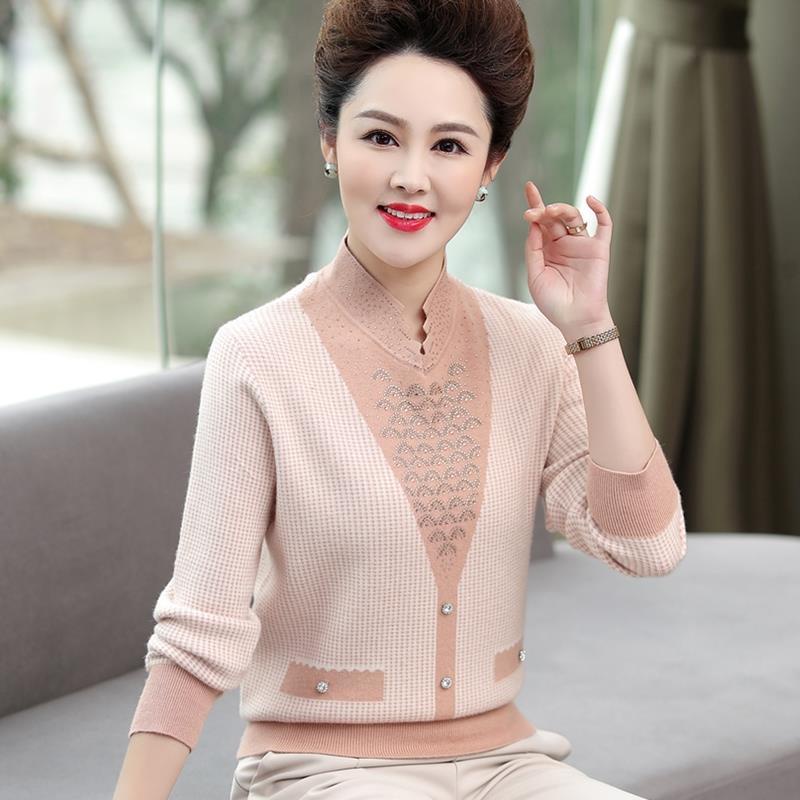 Mới mùa xuân và thu tính khí mẹ mặc cộng với áo len cỡ 50 tuổi 40 phụ nữ trung niên cao dệt kim đáy dài tay sơ mi