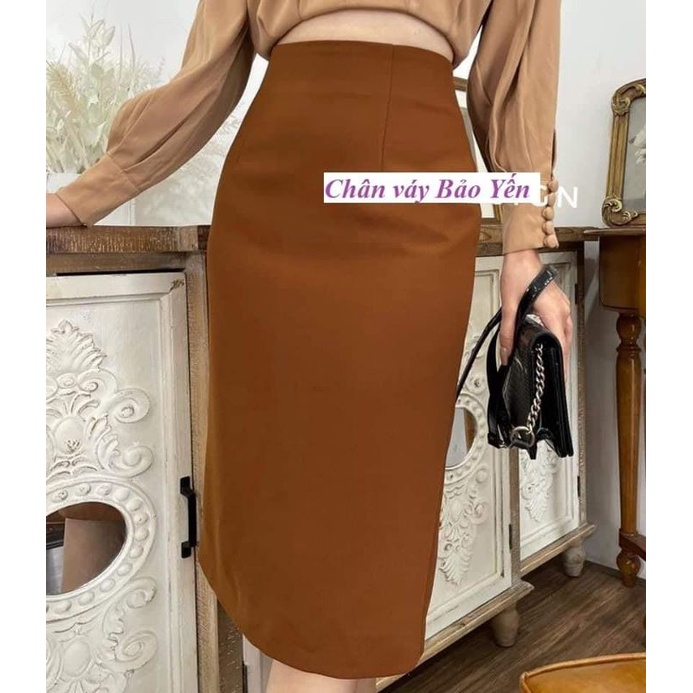 Chân váy bút chì màu nâu bò tới gối xẻ sau(sẵn size)- M85