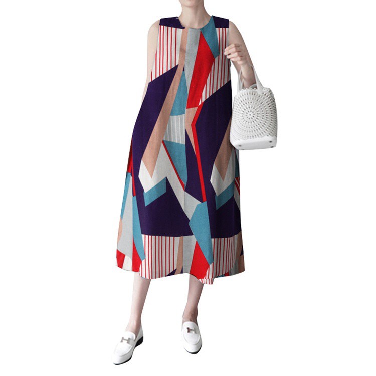 Đầm Midi Zanzea Không Tay In Hoạ Tiết Hình Học Phối Túi Hai Bên Thời Trang Cho Phụ Nữ