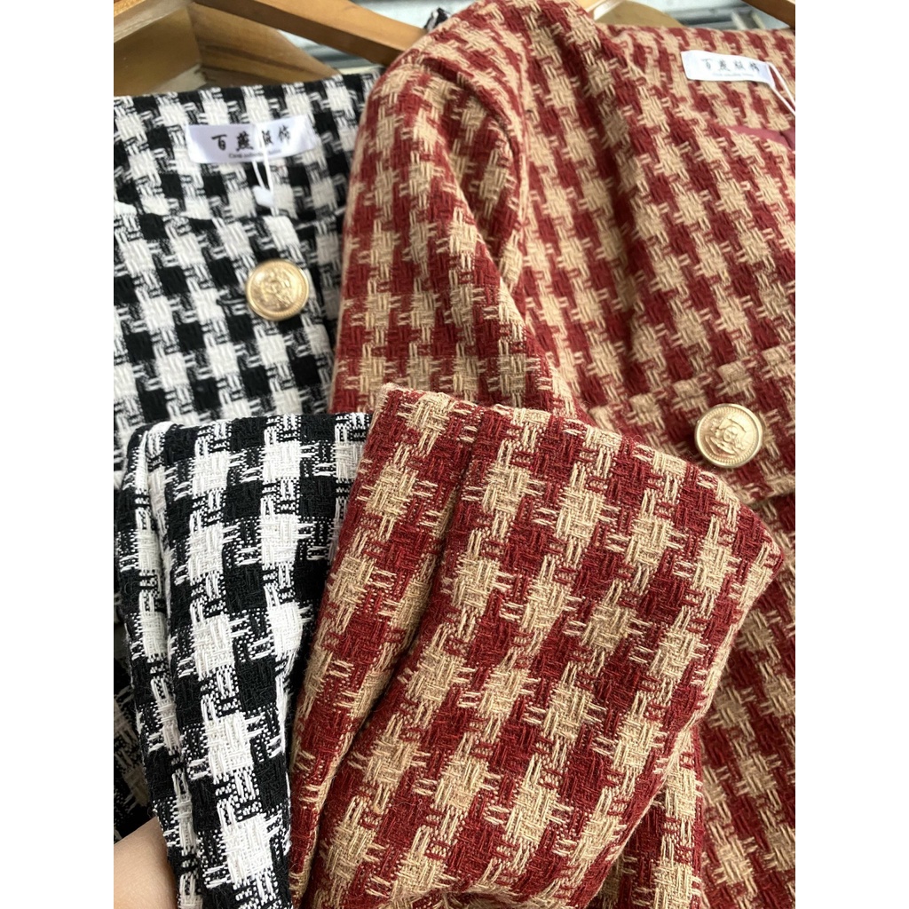 Áo khoác dạ nữ FM Style hoạ tiết caro nút ngọc thời trang sang chảnh tiểu thư 211221001 | BigBuy360 - bigbuy360.vn