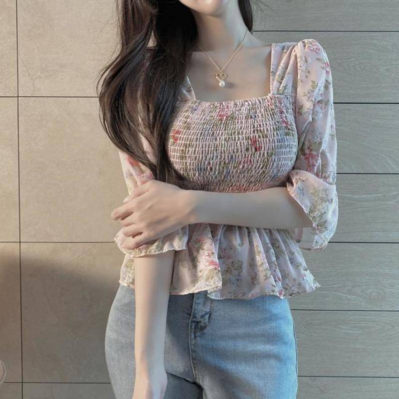 Áo Sơ Mi Chiffon Tay Loe Ôm Eo In Họa Tiết Hoa Phong Cách Mới Cho Nữ
