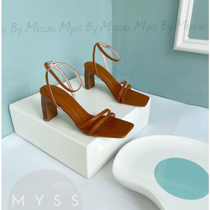Giày sandal nữ quai ngang mảnh 2 dây gót trụ gỗ 7 cm da thật cao cấp MYSS - SDDT05