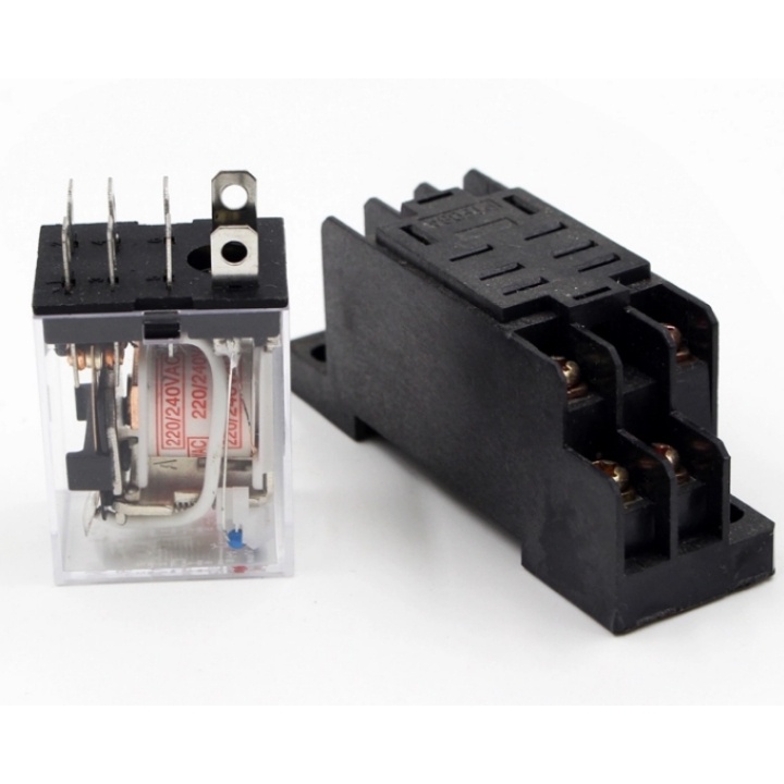 Relay trung gian LY2N-J rơ le kiếng 8 chân dẹp lớn điện áp 12VDC, 24VDC, 220VAC kết hợp với chân đế PTF08A