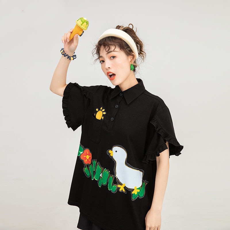 Áo polo Màu Đen Tay Ngắn Ống Loe Bằng cotton In Họa Tiết Hoạt Hình