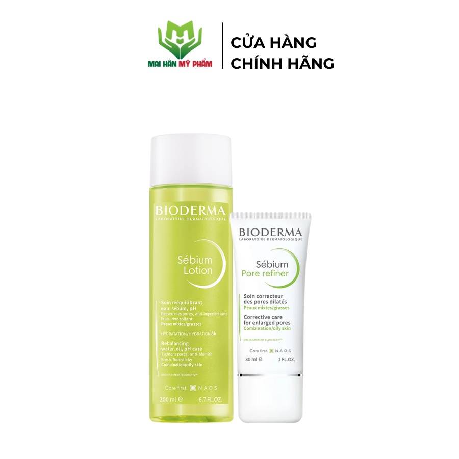 Bộ đôi nước cân bằng cho da hỗn hợp, da dầu Bioderma Sebium Lotion 200ml và Kem dưỡng se nhỏ lỗ chân lông 30ml