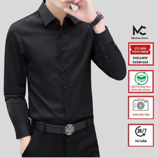 Sơ mi nam hàn quốc Michee màu đen dáng trơn vải cotton lụa kate thái chống nhăn chống xù MC02