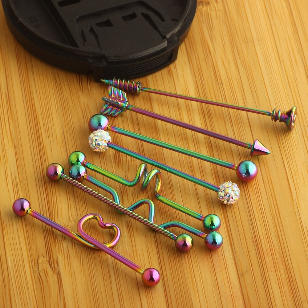 Set 8 Khuyên Tai 14G Màu Cầu Vồng Bằng Thép Không Gỉ