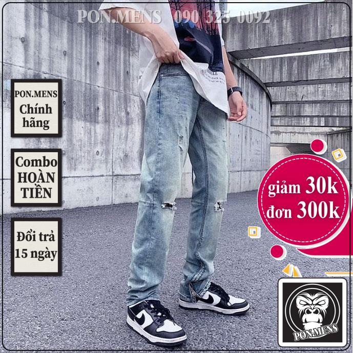 [xả kho] Quần jean ống suông nam khóa zip co giãn ống rách gối màu xanh bạc nhạt đẹp mới hà nội hcm Pon.mens