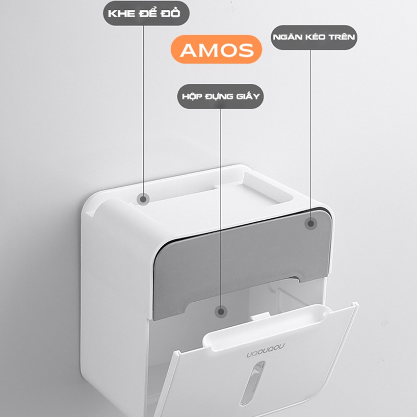 Hộp đựng giấy vệ sinh AMOS để đồ nhà tắm | Kệ để đồ nhà tắm thiết kế 2 ngăn tiện lợi tặng kèm miếng dán