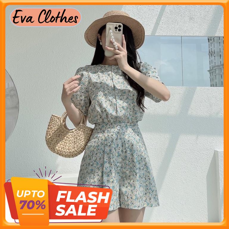 Set áo phông đùi cổ tròn cài cúc họa tiết hoa nhí diện phố Eva Clothes