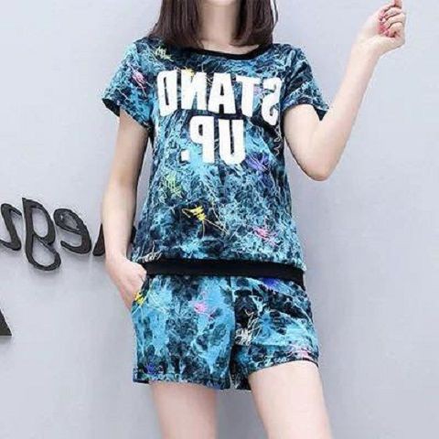 (N053) Bộ mặc nhà phun sơn màu sắc nổi bật in chữ sắc nét cổ tròn tay ngắn viền đen thời trang trẻ trung mẫu mới 2020