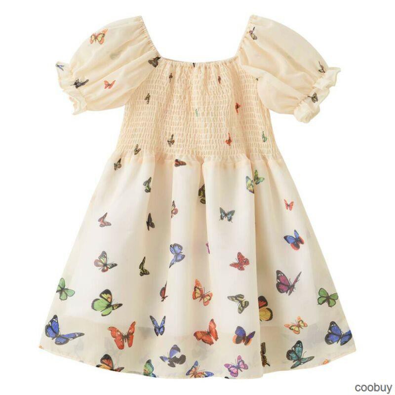 Đầm Xòe Ngắn Tay In Hình Bướm Cho Bé Gái