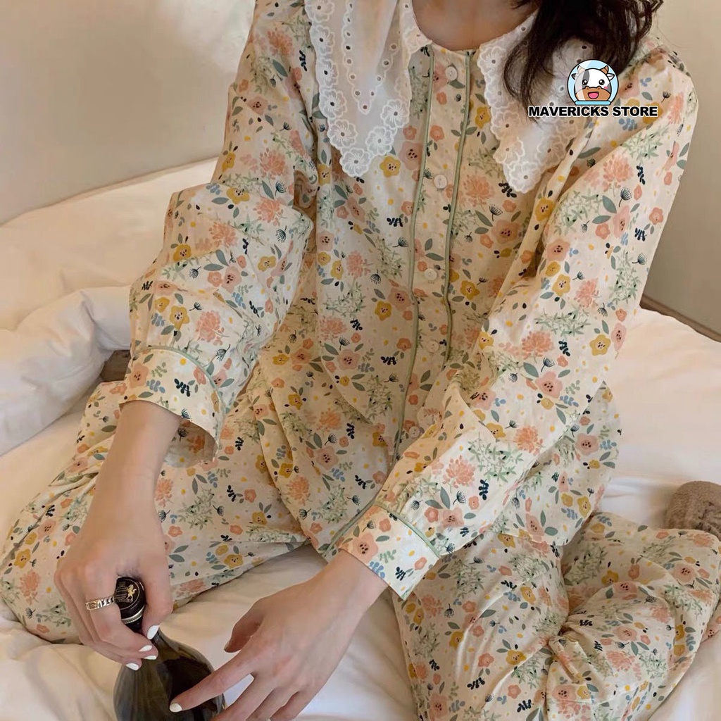 Trang phục đồ ngủ tay dài cổ búp bê in hoa thời trang Hàn Quốc cổ điển cho nữ