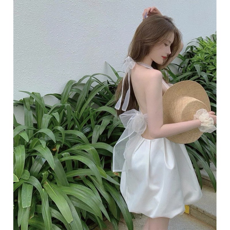 Đầm Xoè Tiểu Thư Cột Nơ Hở Lưng Chất Lụa Ánh Cao Cấp