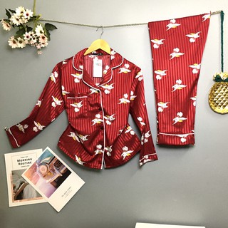 Pijama lụa gấm tay dài quần dài - voi bay - đồ mặc nhà - đồ ngủ