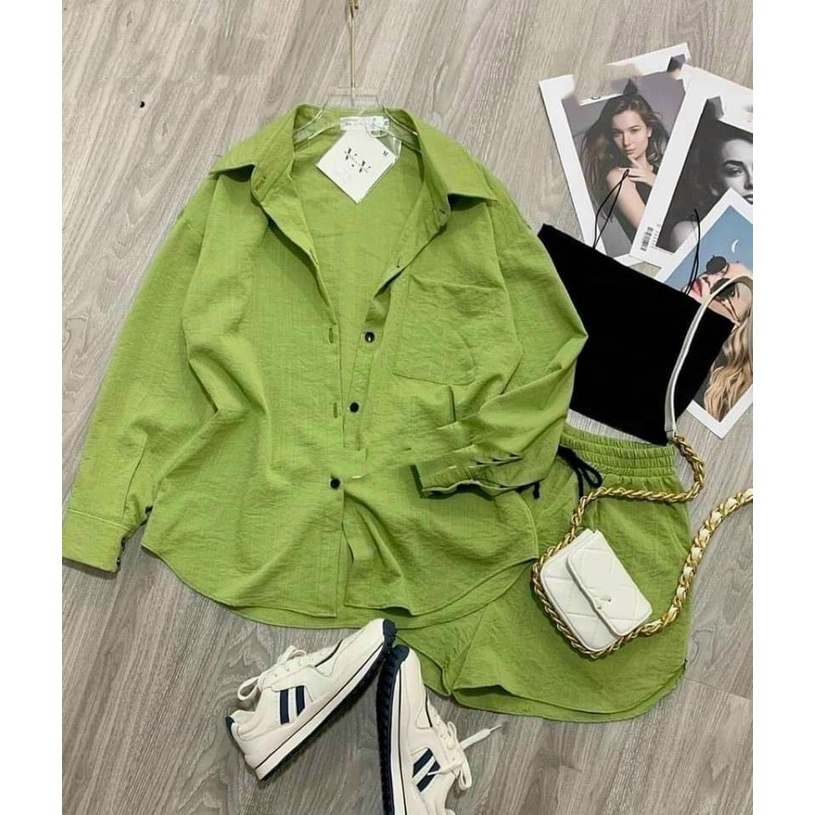 Set đùi đũi 3 món áo sơ mi đũi + áo 2 dây + quần đùi lưng chun cao cấp thời trang thiết kế phù hợp mọi phong cách