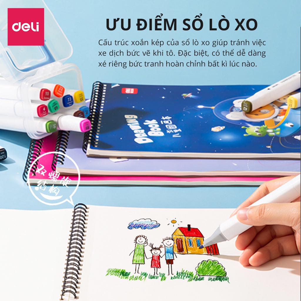 Vở vẽ học sinh tô màu, sổ phác thảo ký họa Deli 60 trang, giấy chống lóa - Màu Hồng/Xanh - 1 quyển