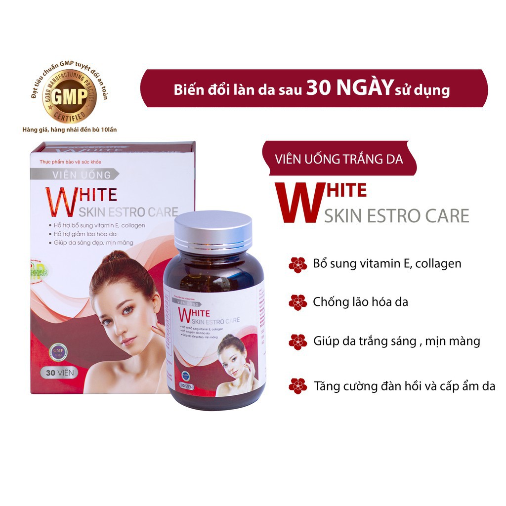 Viên uống trắng da White Skin Estro Care chống lão hóa dưỡng da cấp ẩm nội tiết tố nữ