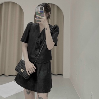 SET ÁO CỔ V NÚT BỌC KÈM CHÂN VÁY (KÈM VIDEO HÌNH THẬT)
