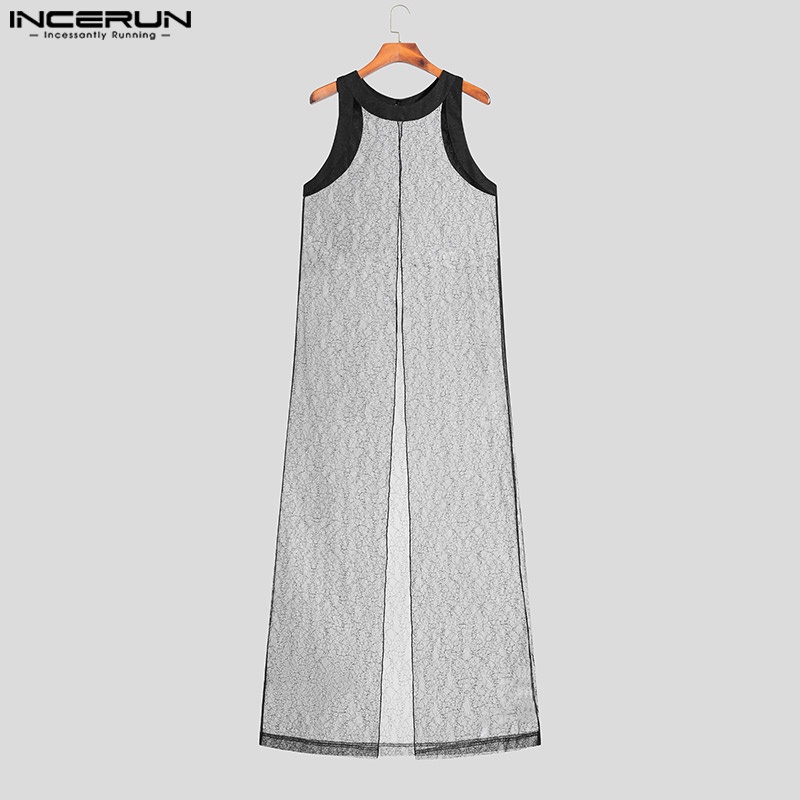 Áo choàng Kaftan INCERUN thiết kế không tay xuyên thấu phối ren gợi cảm cho nam