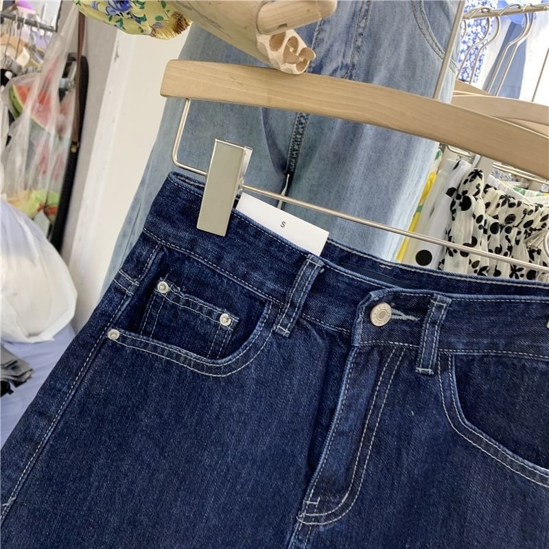 Quần Short Denim Lưng Cao Ống Rộng Màu Xanh Đậm Thời Trang Mùa Hè Mới
