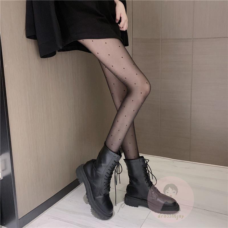 Dre-quần Tất Màu Đen Mỏng Nhẹ In Hình Trái Tim/Ngựa Một Màu Cho Nữ